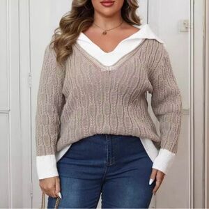 Beige and White Cable Knit Sweater